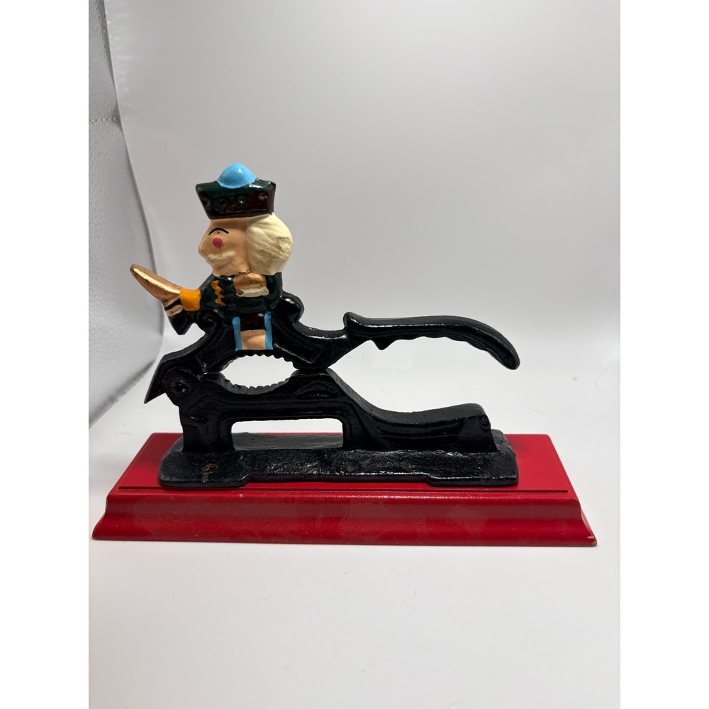Vintage Cast Iron Soldier Nutcracker on Red Wooden Base 1950s Mid Century